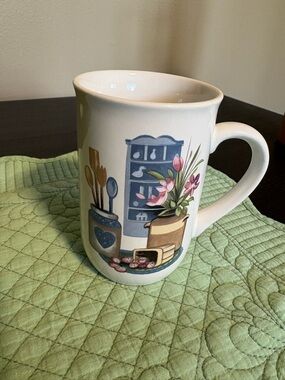 Floral Kitchen Scene Ceramic Coffee Mug - White with Blue and Pink Accents